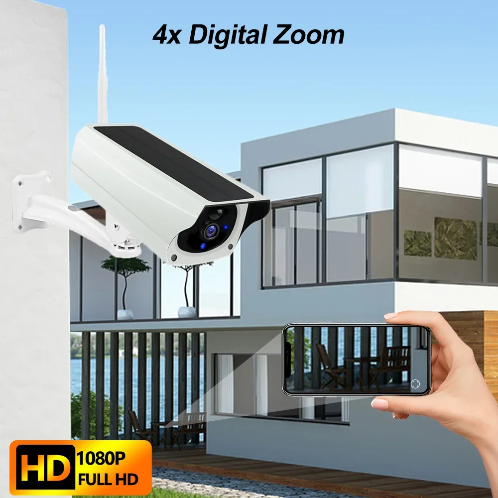 Wireless Solar Bullet Camera Outdoor WiFi 1080P 4x Zoom CCTV Surveillance IP Cam Home Security Protection Battery PIR Detection