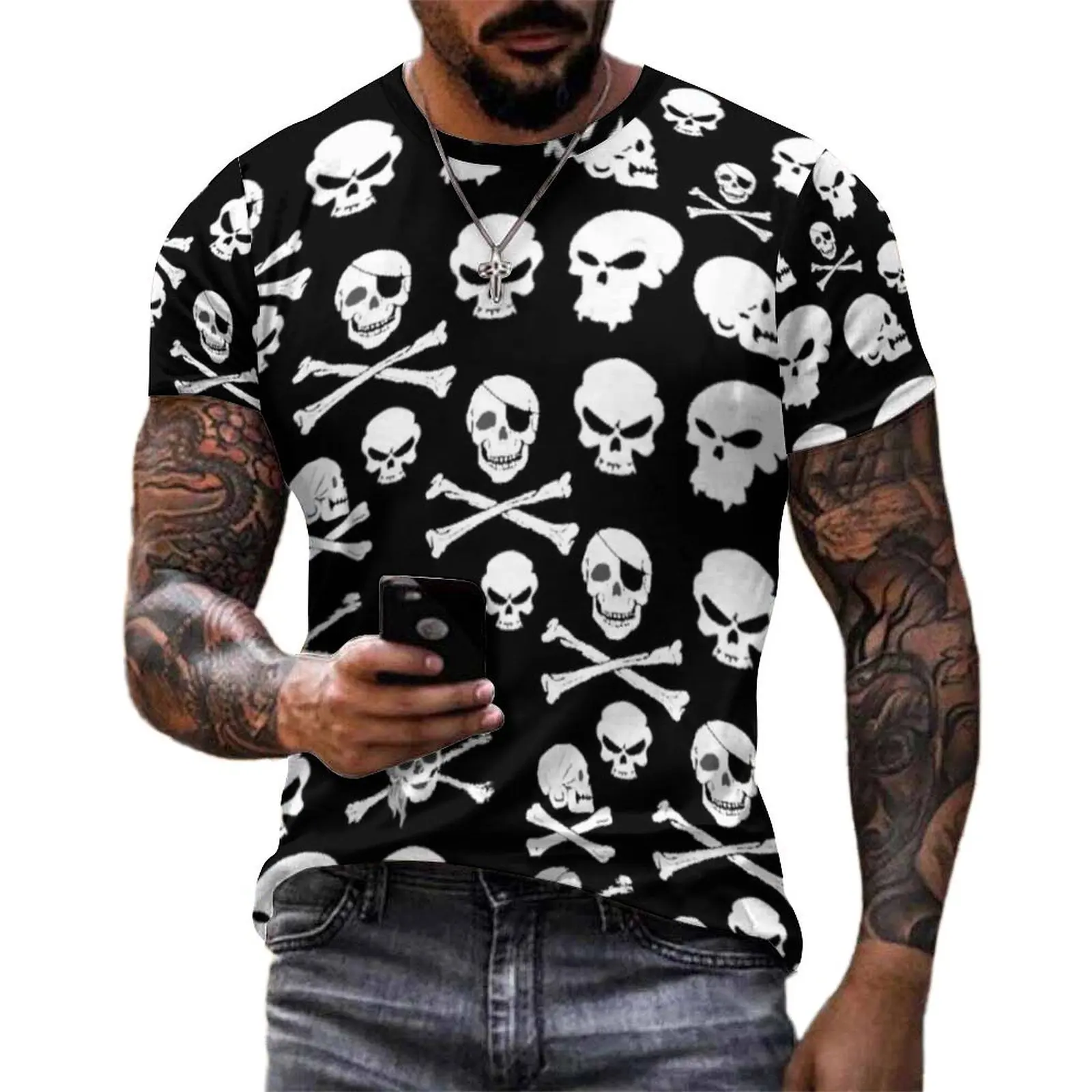 White Skull T Shirt Pirate Cross Bones Skulls Fashion T-Shirts Men EMO Casual Tee Shirt Beach Short Sleeve Tops Plus Size
