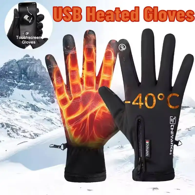 

USB Heated Gloves Rechargeable Ski Eletric Thermal Heat Gloves Winter Warm Skiing Gloves for Snowboarding Mountaineering Riding
