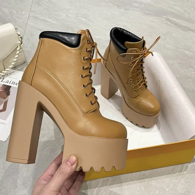 High Heels 14cm Thick Heel Thick Sole Waterproof Stage Performance Shoes Heightening Shoes Women's Personalized Leather Shoes