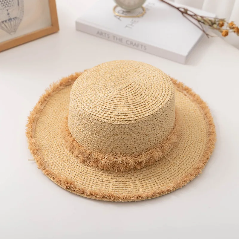 2024 French New Flat Top Straw Hat Beach Hat Holiday Tourism Outdoor Sunshade Hat Exquisite Luxury