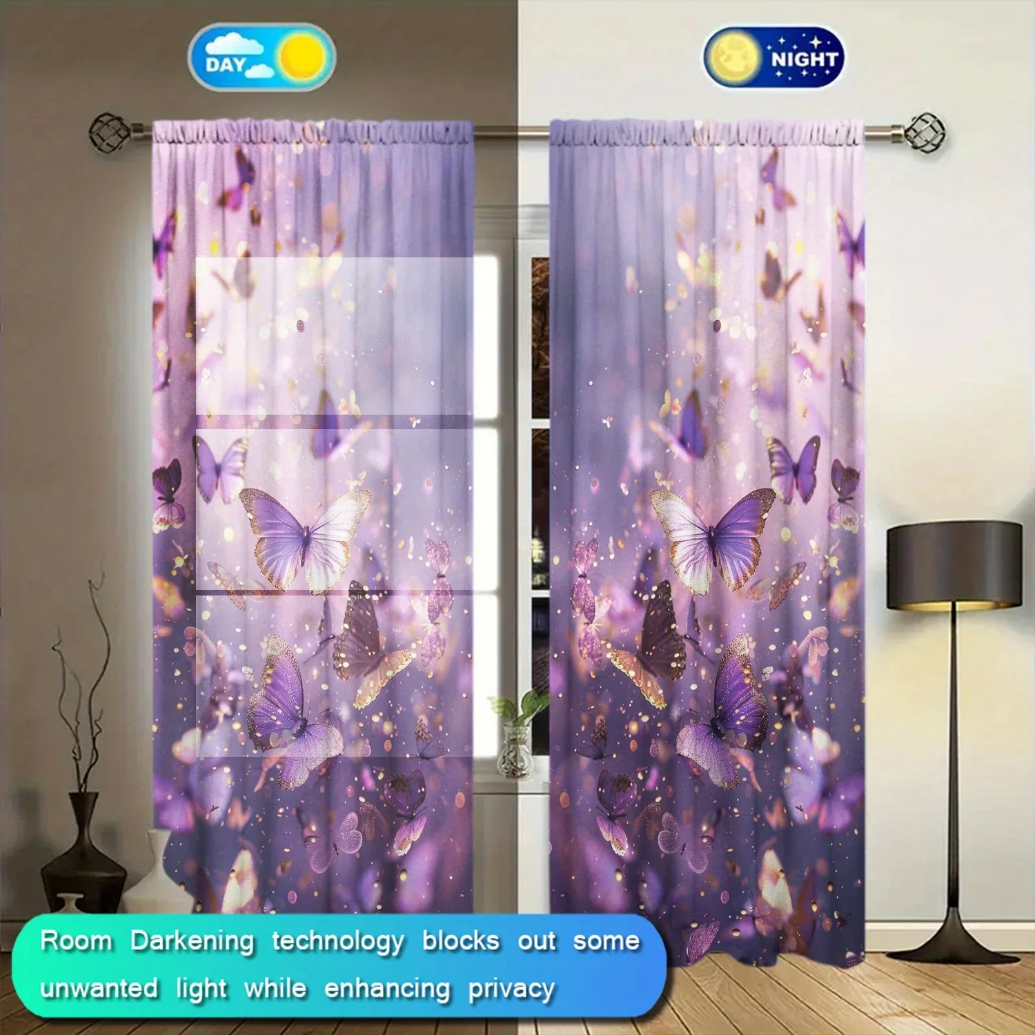 2pcs Purple Butterfly Printed Curtain for Home Decor - Rod Pocket Window Treatment for Bedroom, Office, Kitchen, Living Room