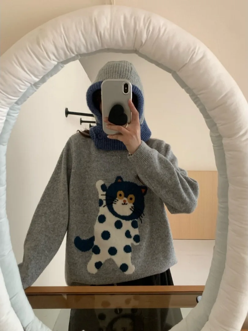 

Korean Polka Dot Cartoon Knitted Sweater Women's Lazy High-End Soft Versatile round Ne Knitwear Commute Loose Fit Long ...