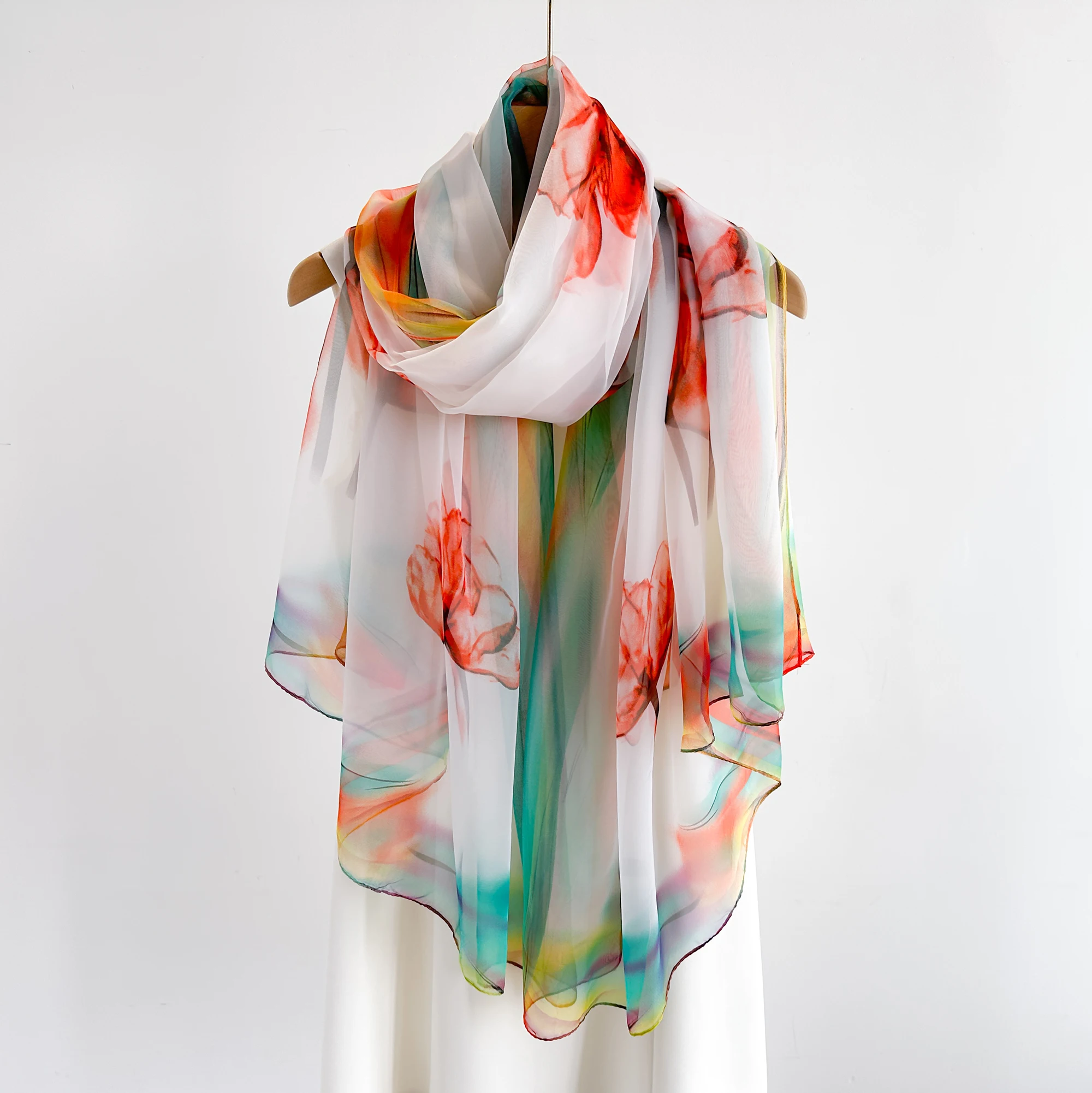 2025 Fashion Silk Scarf Women Foulard Thin Stoles Beach Travel Tippet Floral Long Veil Shawl Luxury Scarves Soft Premium Pareos
