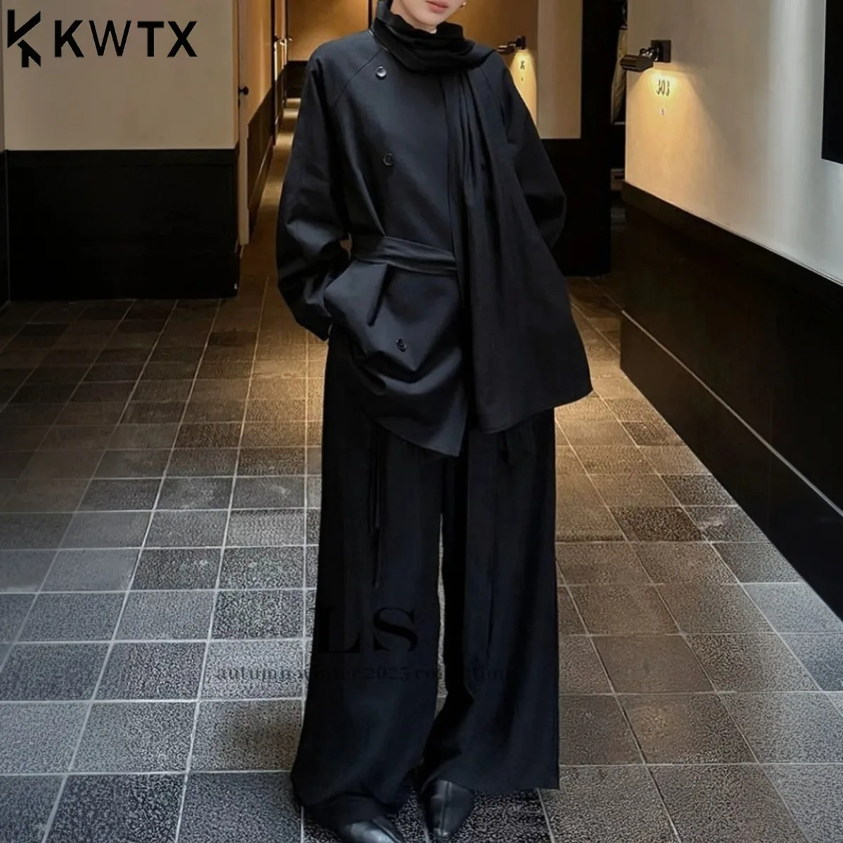 

KWTX 2025 Autumn Two Piece Set Black Round Neck Loose Blazer & Wide Leg Pants With Belt Comfortable Fabric Chic Casual Outfit