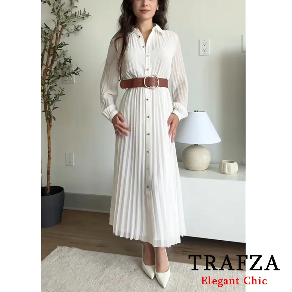 TRAFZA Fashion Autumn Women's Clothing 2024 NEW Casual Temperament Elegant With Belt Midi Pleated Shirt Dress 8372/089