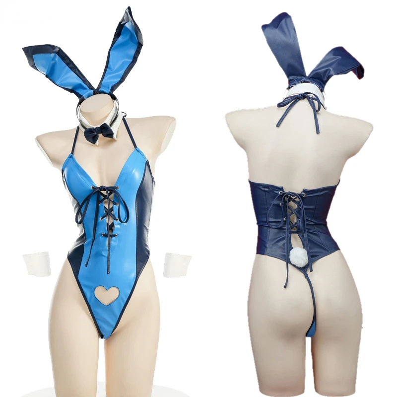 

Anime Hollow Out Cosplay Sexy Bunny Women Leather Halter Lace Up Bodysuit Uniform Set Underwear Suit Halloween Costume