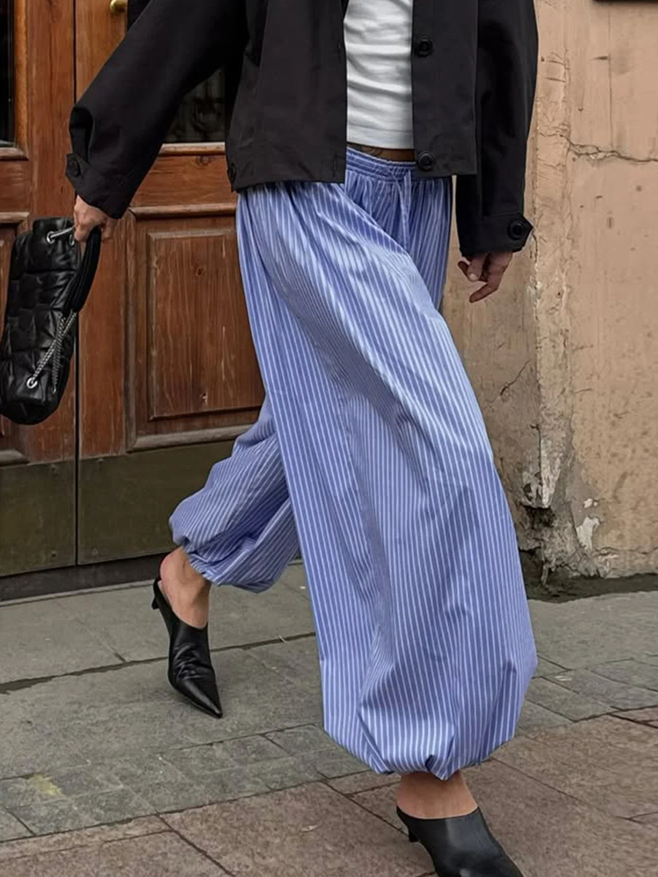 Fmxires Streetwear Blue Striped Print Casual Pants Elastic Low Rise Loose Trousers y2k Aesthetic Korean Style Hippie Trousers