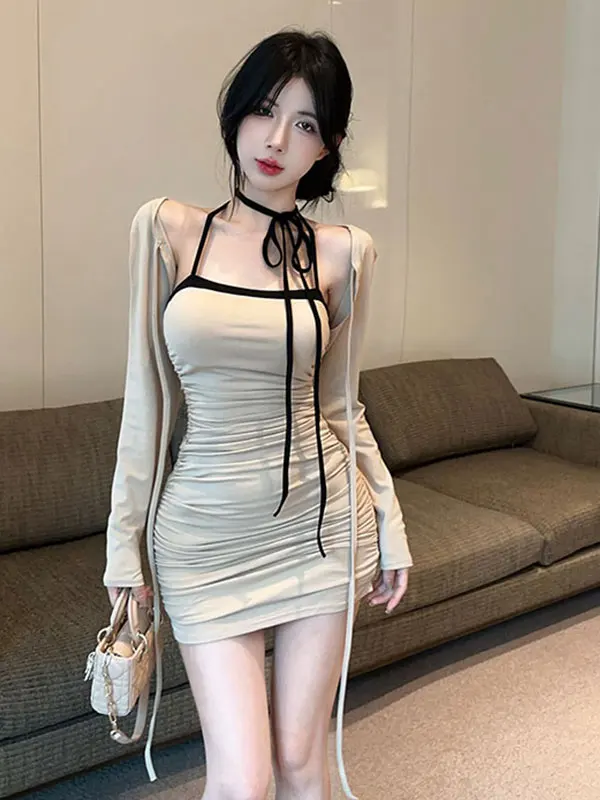 

Осенний новый цветной блузкий галстук с веревкой, женский ор Све Dr + Long Sve Top, комплект из двух предметов, наряд Ele Faion