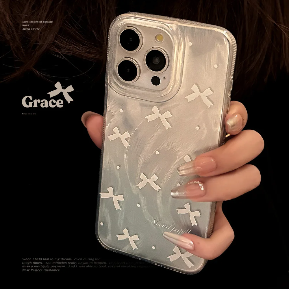 Colored silver gradient blue white bow Phone Case For iPhone15 14 13 12 11 Pro Max TPU Fall prevention Cover New Products