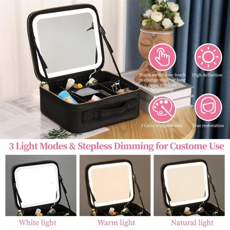 Travel Makeup Case With Lighted Mirror Cosmetic Storage Travel Bag Cosmetic Artist Organizer With Light-Up Mirror PU Makeup Bag