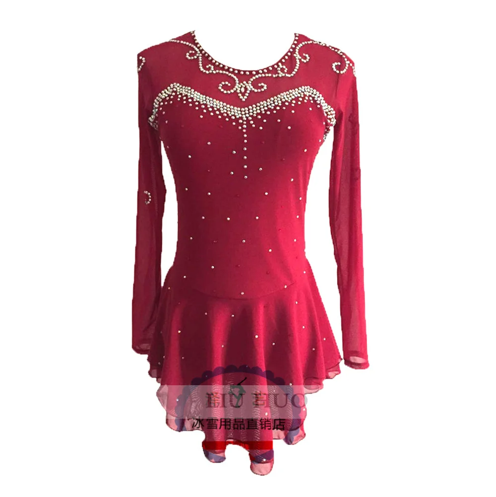 LIUHUO Women Girl Adult Performance Ballet Roller Costume Competition Leotard Skirt Ice Figure Skating Dress Teen Red Wine Dance