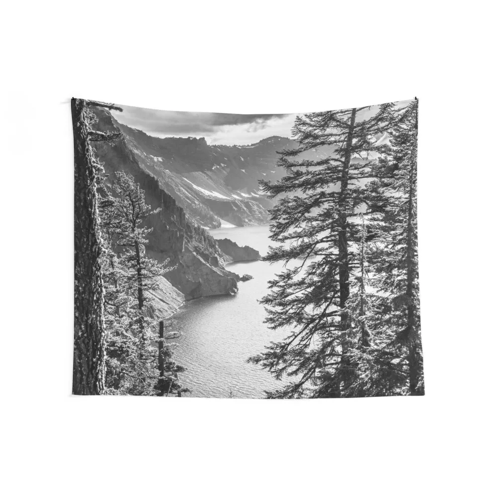 Mountains and Forest Lake Water - Black and White Crater Lake Oregon Tapestry Cute Decor Christmas Decoration Tapestry