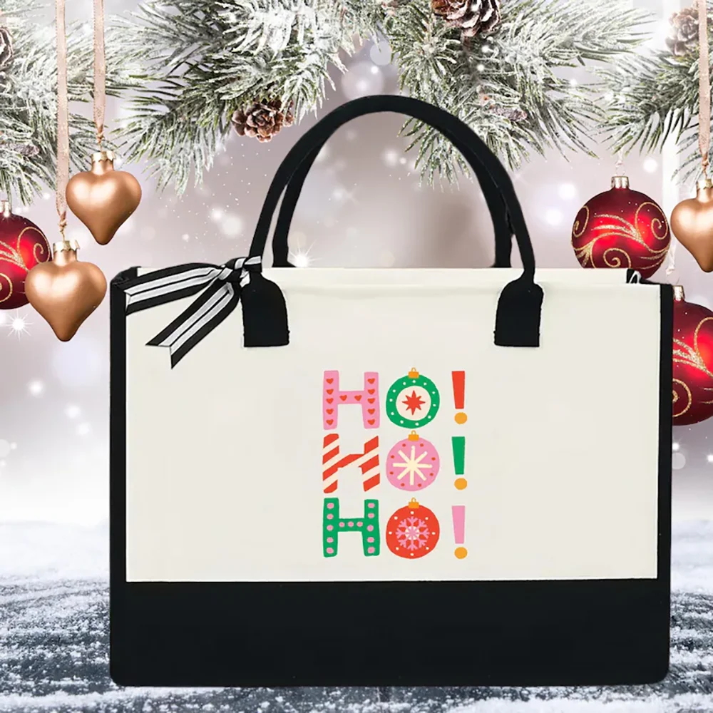 

Ho Ho Ho Cute Christmas Canvas Tote Bag Gift for Friends and Colleagues Santa Claus Bag Holiday Accessory Shopping Shoulder Bag