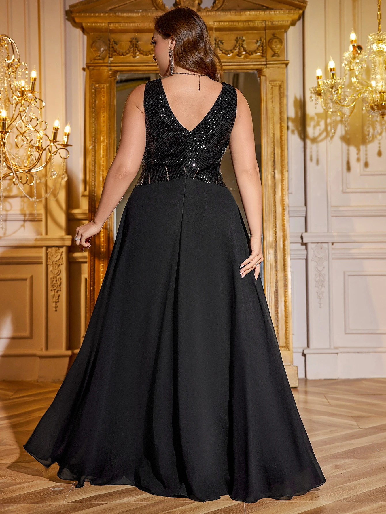 UNITHORE andom قطع السيدات الخامس الرقبة التدرج الترتر لامعة لصق الشيفون الخصر مقطع الانجراف بلون فستان الحفلات الأنيقة