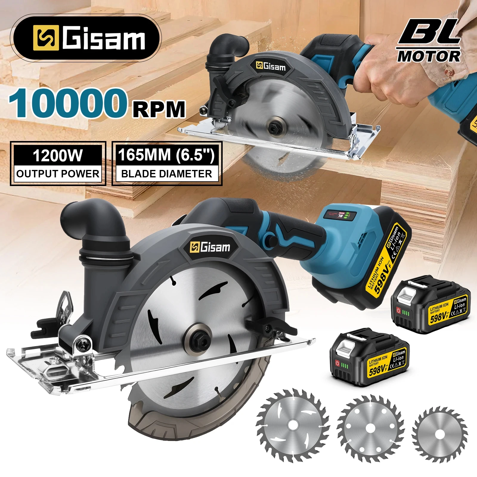 Sierra Circular Eléctrica Inalámbrica Gisam de 165 mm y 10000 RPM, Herramienta Eléctrica para Trabajar la Madera con Ángulo Ajustable, Compatible con Baterías Makita de 18 V