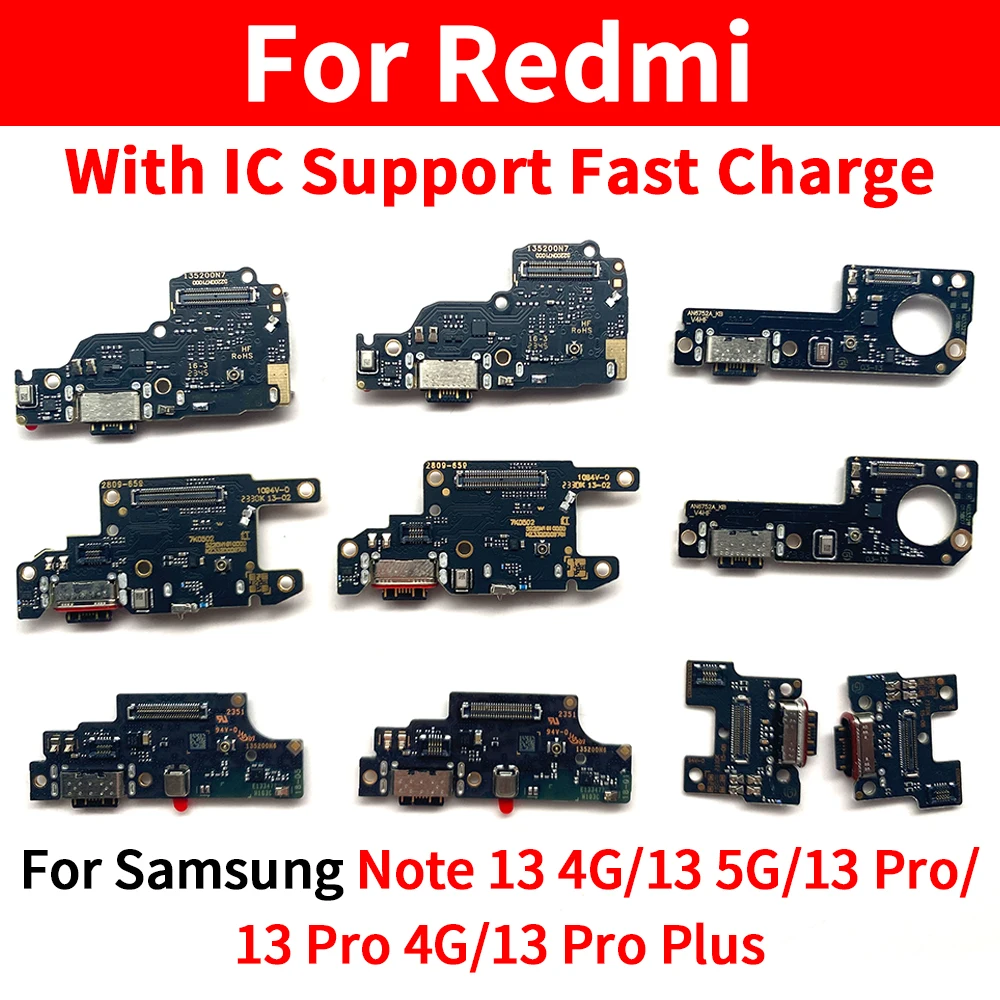 

USB Charging Dock Jack Plug Socket Port Connector Charge Board Flex Cable For Xiaomi Redmi Note 13 Pro 4G 5G Plus With IC