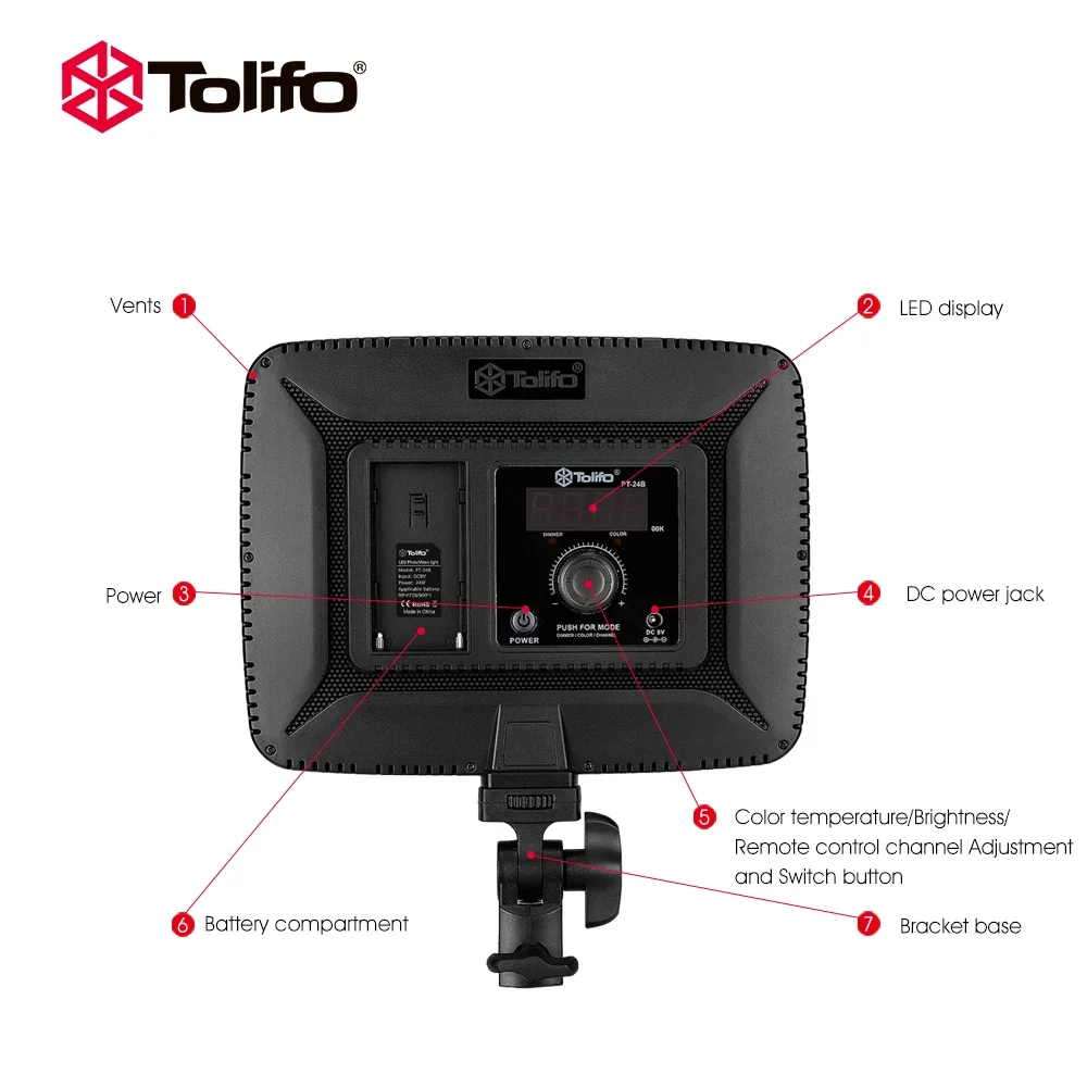 Tolifo-写真およびビデオ用LEDランプ,2色,2.4g,リモコン,PT-24B, 3200k-5600k