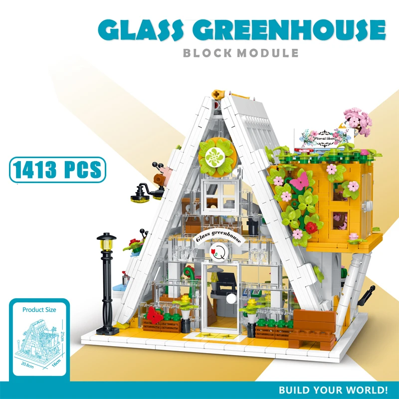 City Triangle Glass Greenhouse Street View Building Blocks with LED Strip Flowers House Architecture Bricks Toys for Kids Gifts