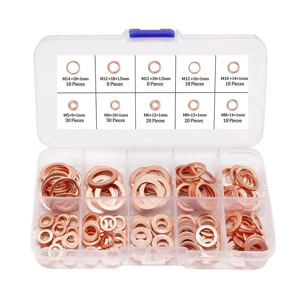 188pcs 9 Sizes Metric Copper Washers Assortment Kit Flat Ring Sealing Washer For Electrical Appliances Automobiles Air Pumps