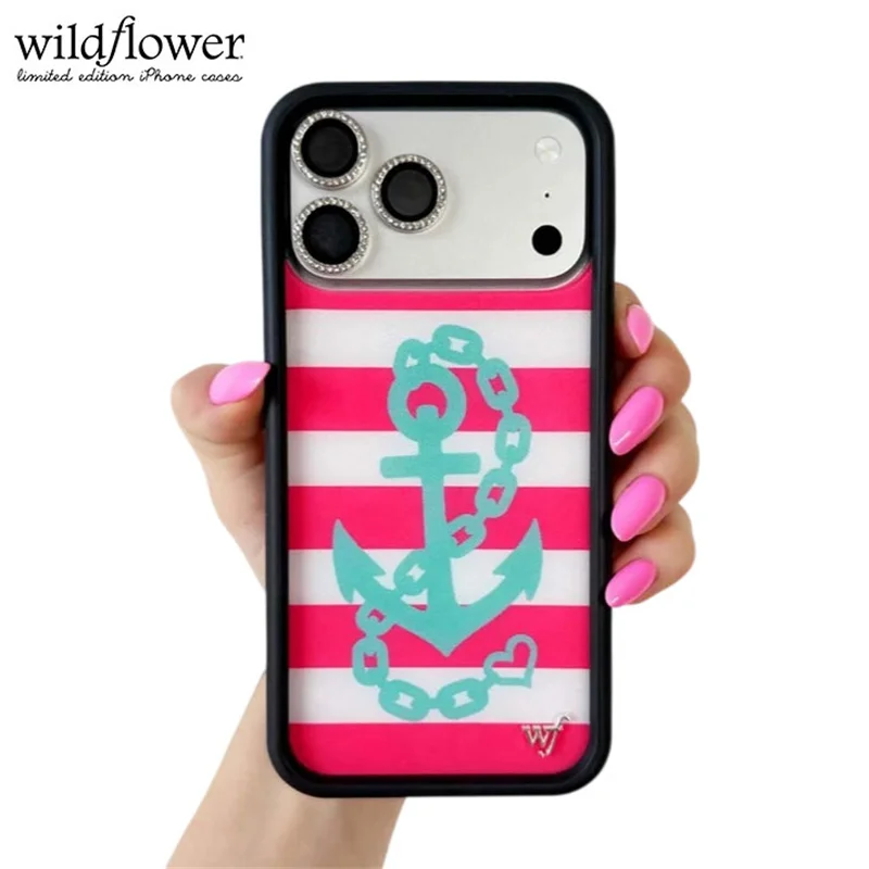 Wildflower Ins Ahoy Babe Phone Case For iPhone 16 11 12 13 14 15 17Pro Max Plus Wf Pink White Striped Nautical Sweetheart Cover﻿