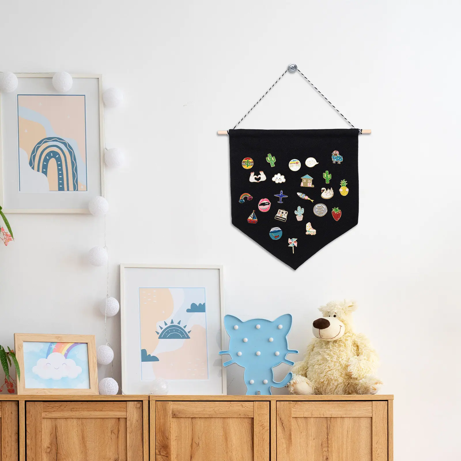 Black Pin Display Canvas Pennant Banner Wall Hanging Enamel Lapel Pin Badge Flag for Living Room Decor Pennant Banner