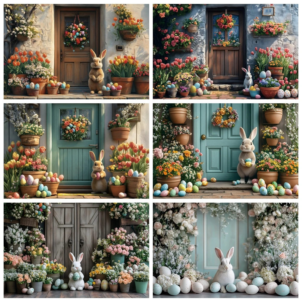 Spring Easter Photography Backdrop Wooden Door Brick Wall Flower Eggs Rabbit Baby Shower Kids Artistic Portrait Photo Background