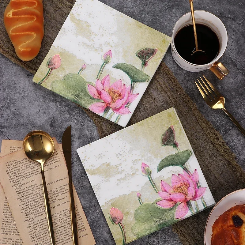 20pcs 33 * 33cm 2Layer Lotus Printed Napkins Party Decoration Disposable Table Mat DIY Decoupage Paper