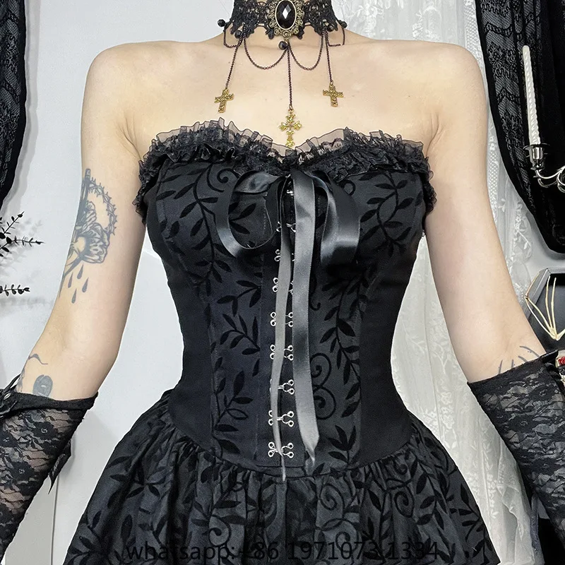Goth Dark Lace Patchwork Bandage Strapless Corset Dress Mall Gothic Party Ball Gown Fairy Hotsweet Backless Tailed Dresses Women