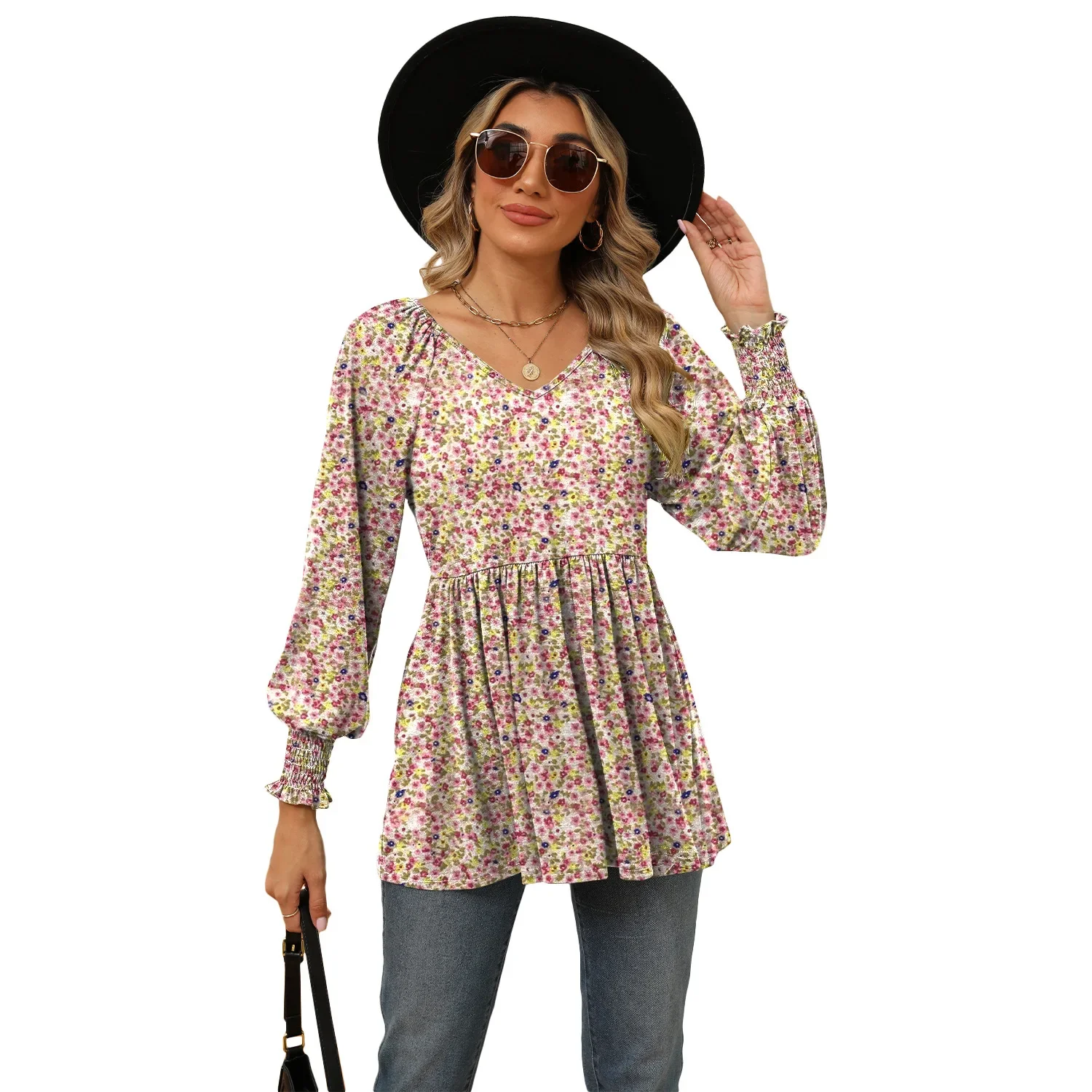 

European American Autumn Winter New Printing Puff Sleeve Tunic Top