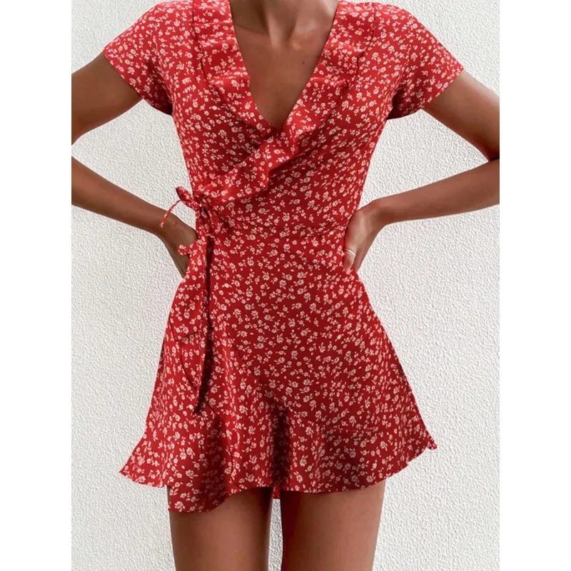 Boho Floral Skirt Print Ruffles Women Dress Summer Sexy V Neck Short SleeveA-Line Dress Mini Dresses Beach Sundress