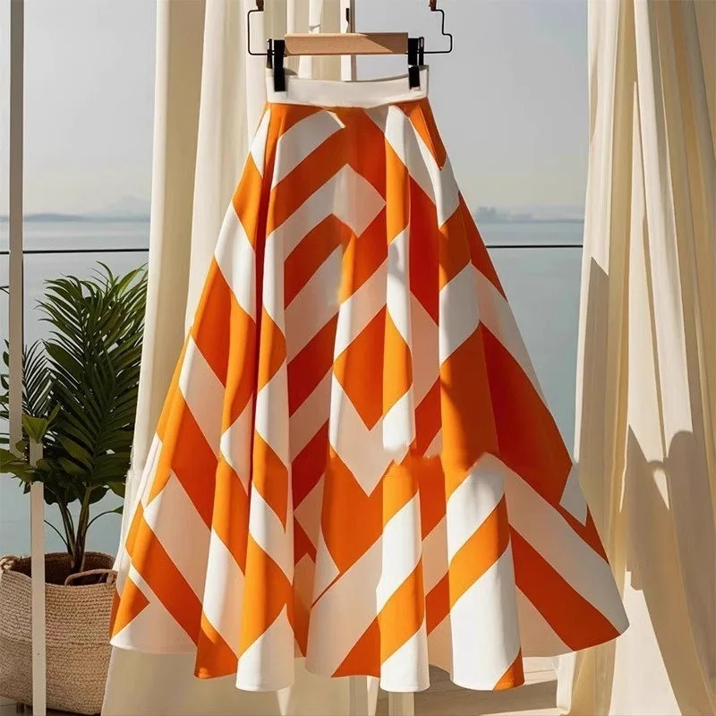 

Spring Summer Retro Beautiful Petite Skirt Flowing Full Skirts Women Mid Length High Waist Skirt Sweet Office Lady Casual Dress