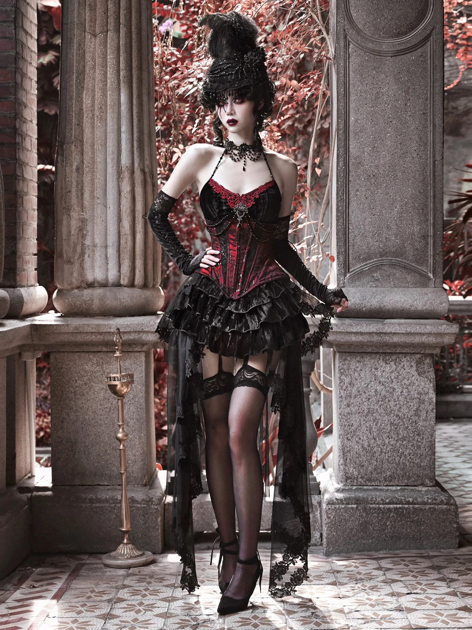 Gothic Black Crushed Velvet Tier Ruffle Mini Skirt Women Floral Lace Irregular Asymmetrical Mesh Drape High Low Skort