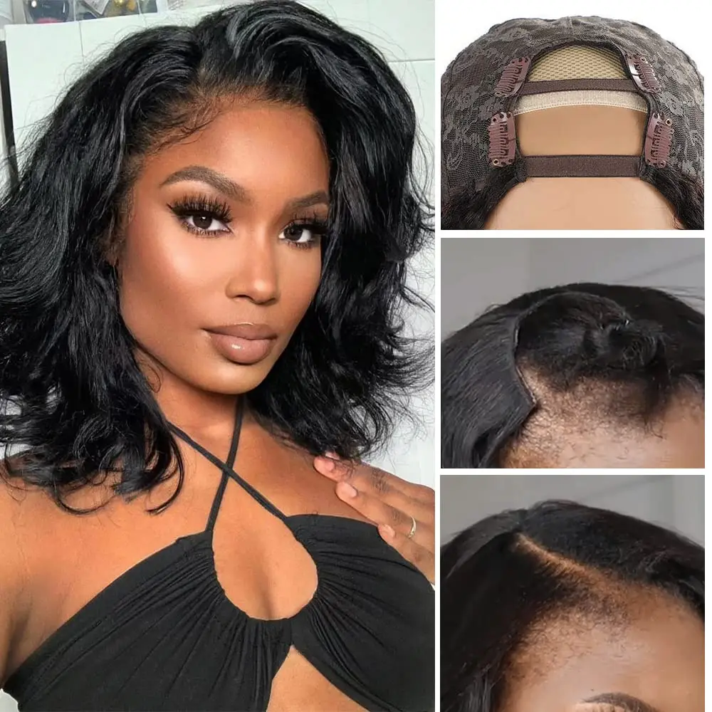 

U Part Wig Short Wavy Synthetic Bob Brazilian Body Wave Upart Half Wigs For Black Women Black Easy To Wear Hair 8-16inch