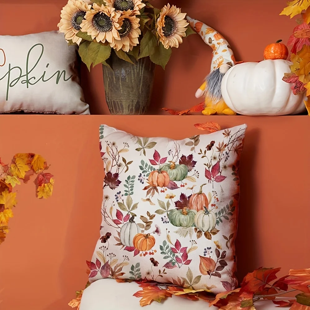 2pcs, Linen Fall Pillow Covers Pumpkin Maple Leaf Flower Decorative Throw Pillow Covers Autumn Thanksgiving Farmhouse