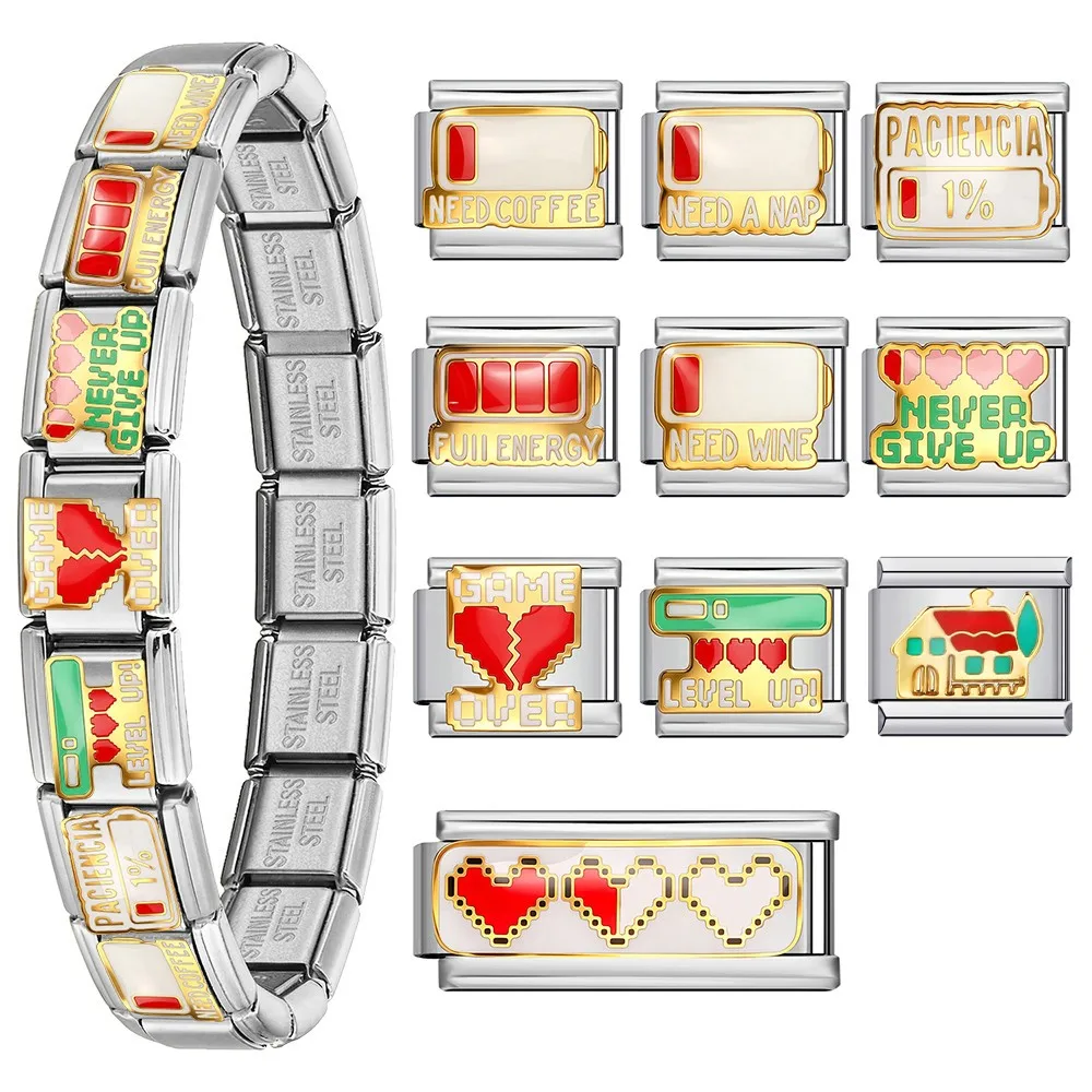 9mm Stainless Steel Italian Charm Colourful Links Bracelet Funny Bettery Full Energy DIY Making Jewelry Daily Wearable Accessory