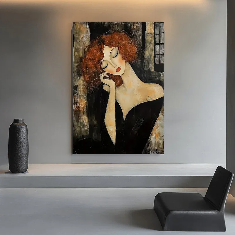 Woman with Red Curly Hair Sleeping Poster and Prints Portrait Canvas Painting Wall Art Picture for LivingRoom Home Decor Cuadros