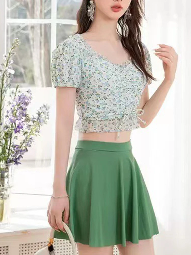 OIINAA Stampa Costume da bagno Donna Coulisse Lace Up Manica corta Bikini Set Carino Dolce Spiaggia Gonne Estate 2025 Primavera calda Costumi da bagno