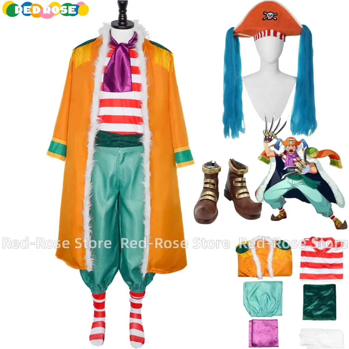 Anime Buggy Cosplay Costume Bara Bara No Mi Chop-Chop Fruit Wig Hat Yellow Cloak Stripe T-shirt Shoes Adult Man Christmas Suit