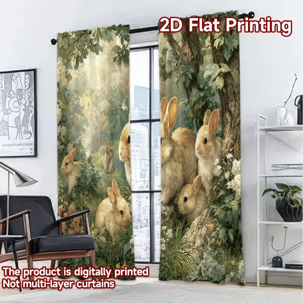 2D FLAT PRINTING 2pcs Curtains (Without Rod) Easter Rabbits in Spring Garden Popular Light Filtering Curtains Durable Polyester