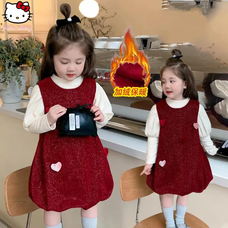 

New Anime Girl's Small Fragrance Bottoming Suspender Dress Set Kawaii Autumn Winter Cartoon Thickened Warm Skirt Two Piece Set