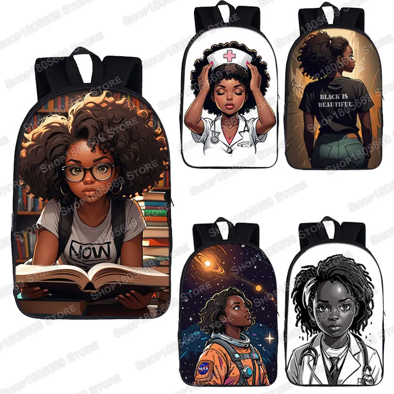 Afro Black Nurse Girl King Reading / Play Guitar Violin Print Backpack Women Laptop Bags Children School Bags Teenager Bookbag