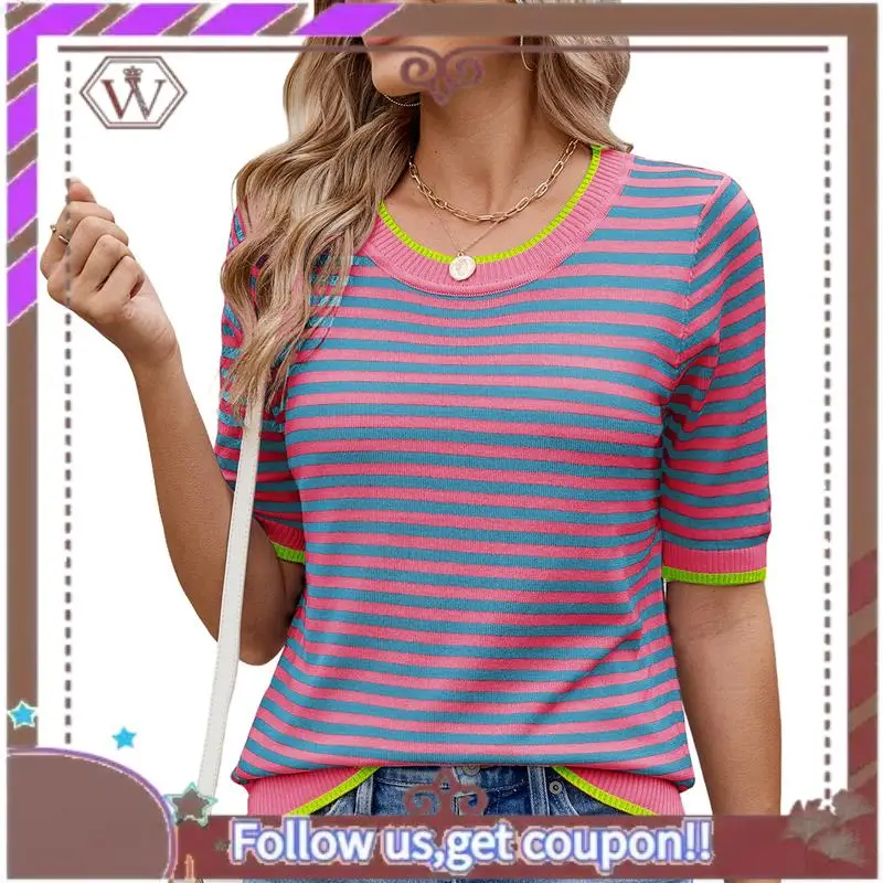 

A95D-Womens Summer Short Sleeve Shirts Striped Sweater Cute Casual Top Trendy Women Clothing Crewneck Knit Blouses