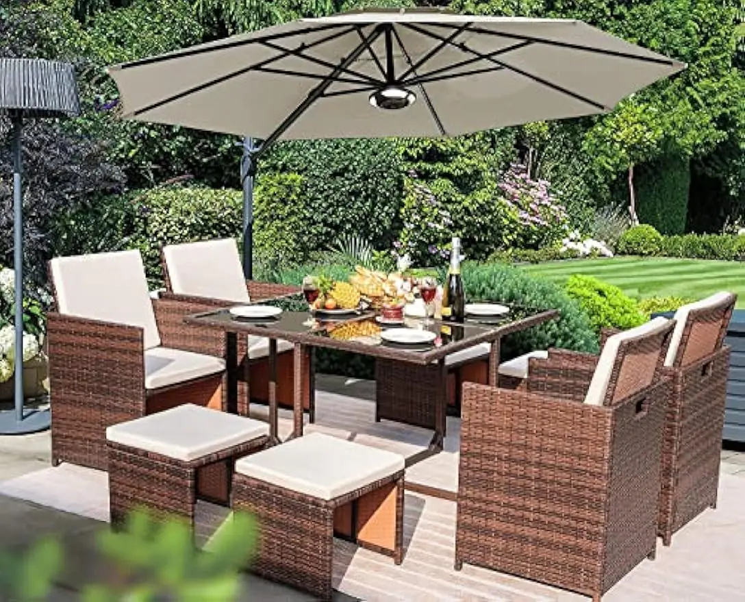 Dining Outdoor Furniture Patio Wicker Rattan Chairs and Tempered Glass Table Sectional Conversation Set Cushioned with Ottoman