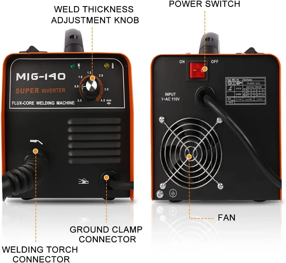 Soldador MIG de 140 amperios, máquina de soldadura sin gas con inversor IGBT, soldador automático de alimentación de alambre, AC 110V