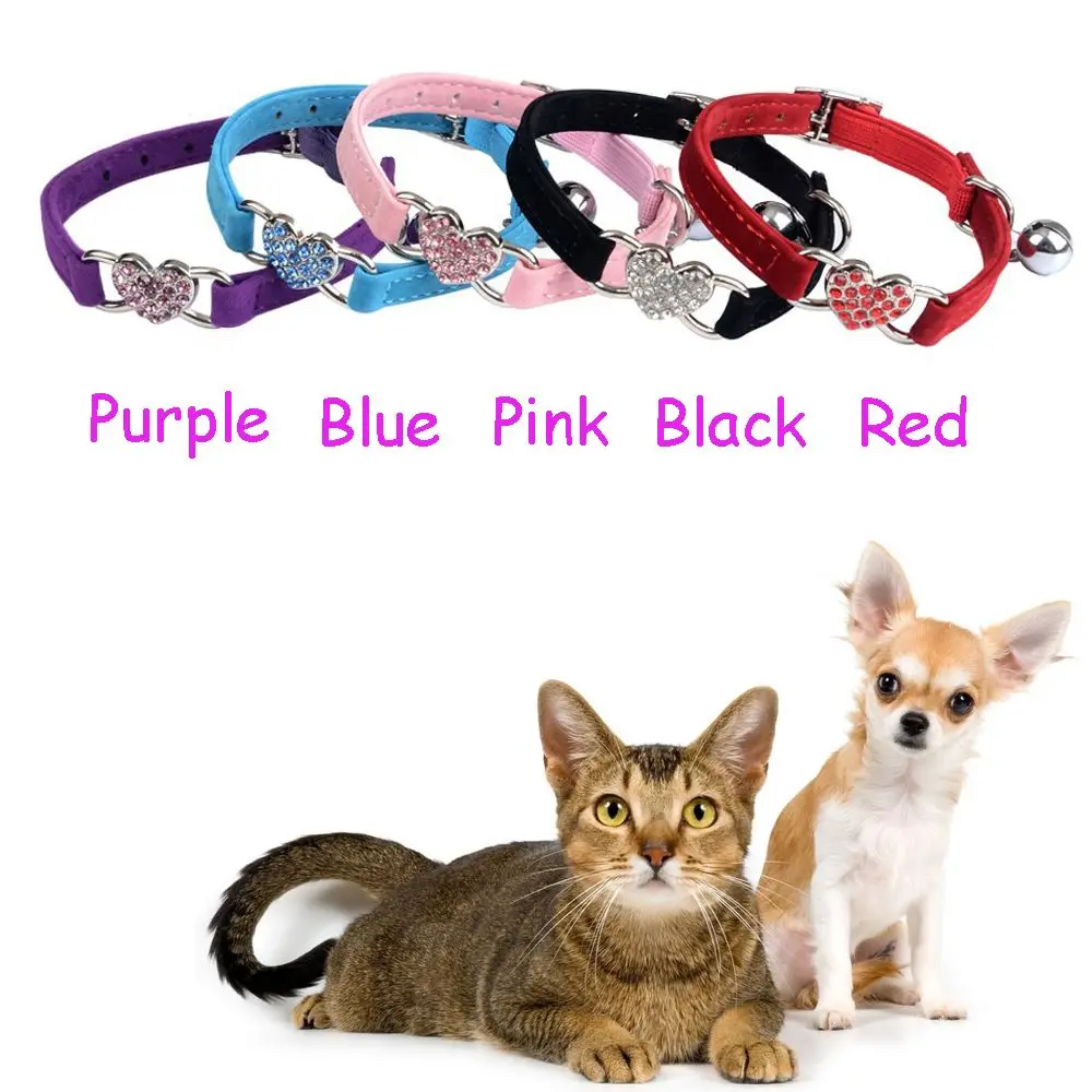 Puppy Cat Kitty Elastic Bell Heart Shape Velvet Pet Necklacce Adjustable Dog Collar