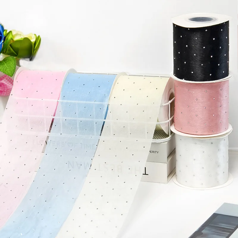 

2025 New 8cm Streamer Gauze with Diamonds Webbing Ribbon Clothing Accessories Handmade Diy Sequined Bow Material Accessories