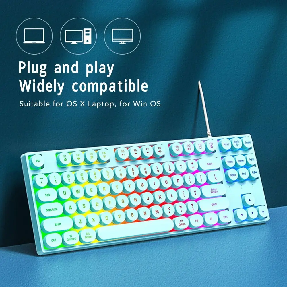 Durable 87 Keys Mechanical Keyboard Colorful Backlit Round Keycaps USB Wired Keyboard Typewriter Keyboard Desktop