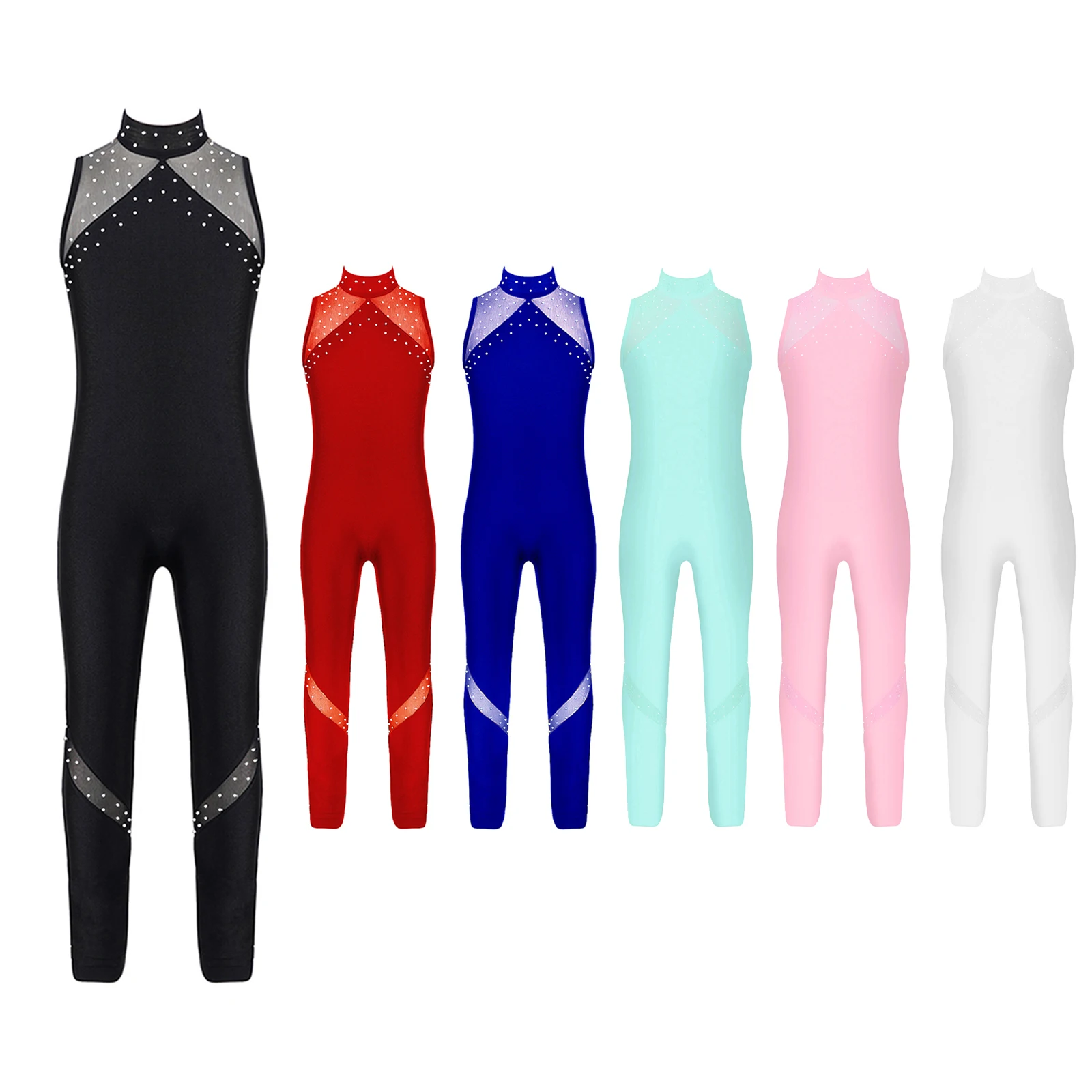 Kids Girls Gymanstics Leotards Sleeveless Open Back Mesh Splice Unitard Skating Yoga Bodysuit Dancing Costume Ballet Clothes