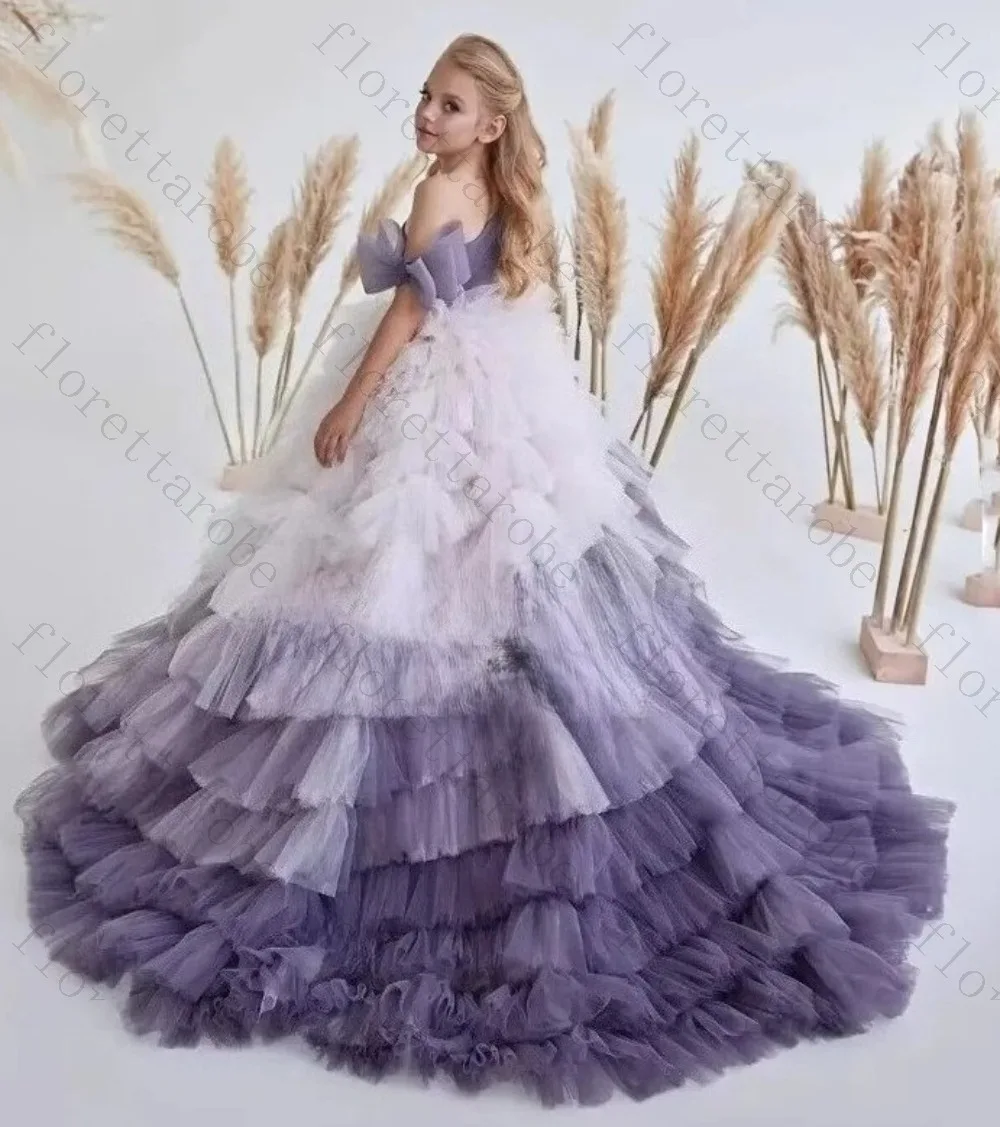 Customized Gradient Purple One Shoulder Kids Pageant Gown Side Big Bow Multi-Layer Petal Tulle Floor Length for Birthday Wedding
